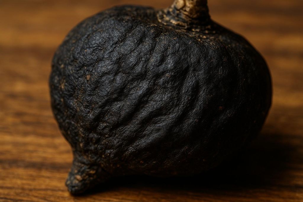 Close-up of a single black maca root on a wooden surface. The root has a dark, wrinkled texture.