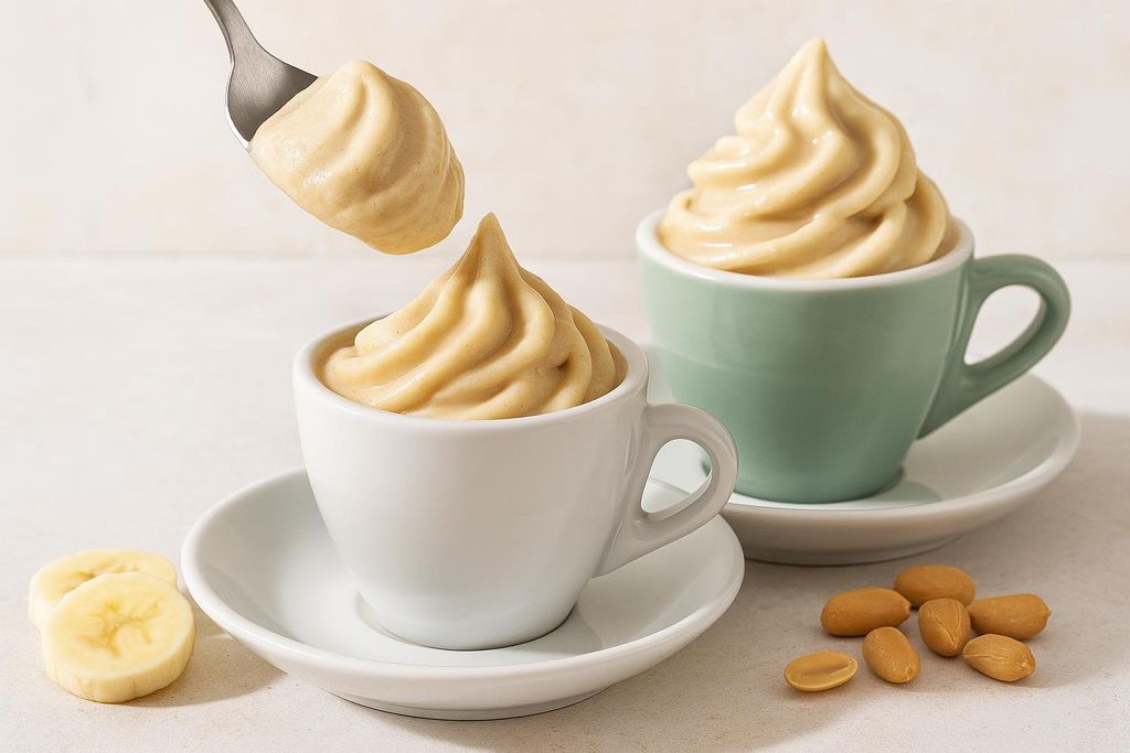 Two small cups of banana peanut butter 'nice' cream, with a spoon lifting a creamy scoop. Slices of banana and shelled peanuts are scattered on the table.