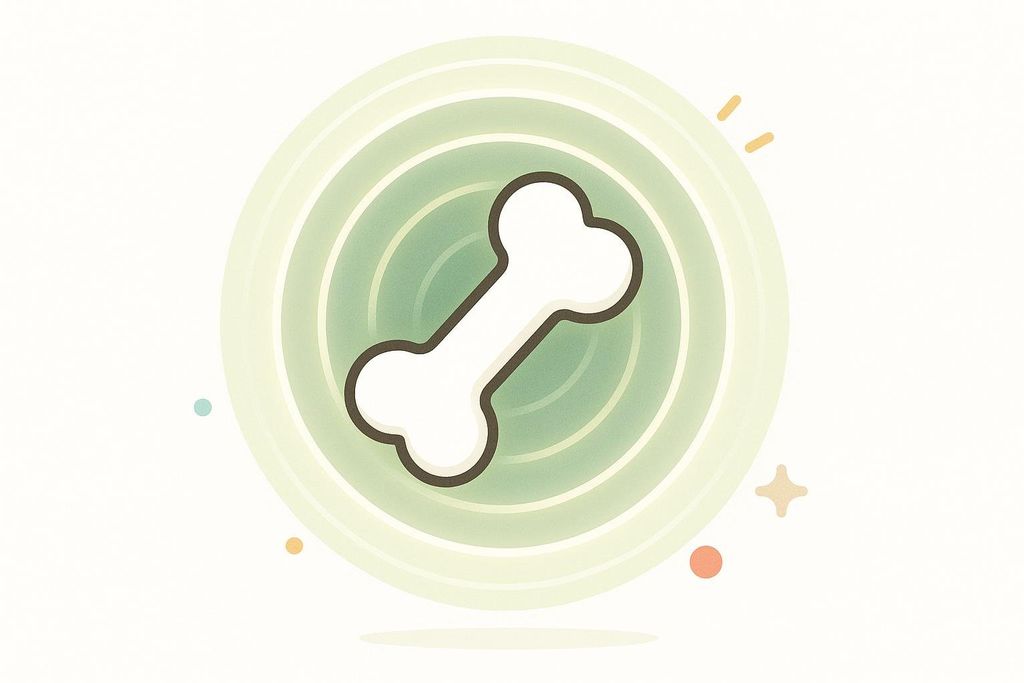 An illustration of a stylized white bone icon with a dark outline, centrally placed within a series of concentric light green and dark green glowing circles. The background is a soft beige with subtle texture, and there are small, scattered dots and dashed line elements in various colors like light blue, orange, and peach-pink, along with a four-pointed star shape in the bottom right.