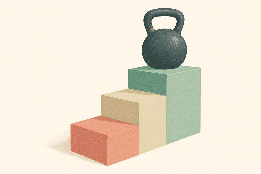 An illustration showing a dark gray kettlebell resting on the top step of five ascending, pastel-colored blocks. The steps are colored red, tan, and light teal starting from the bottom.