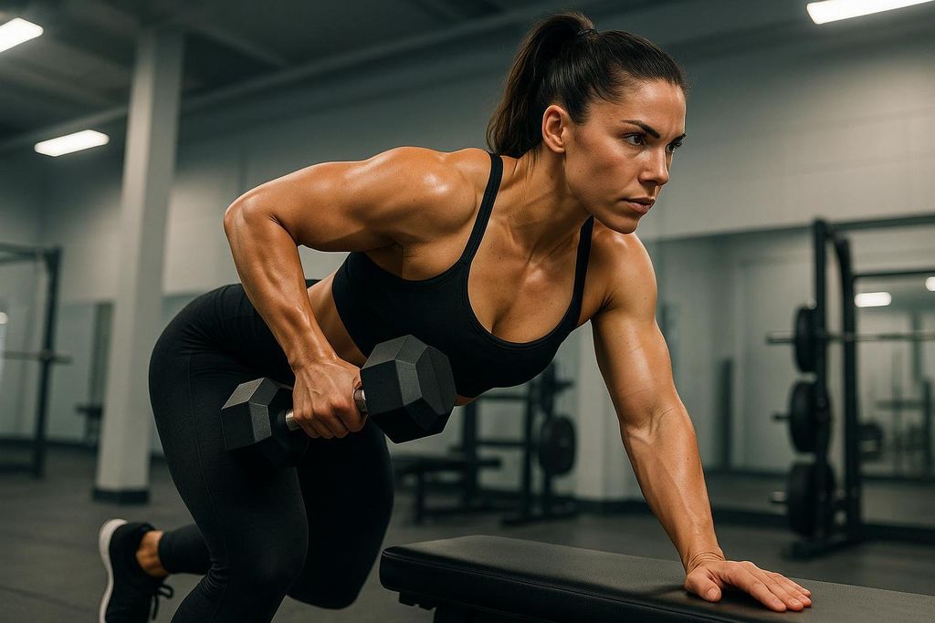 A woman in a black sports bra and black leggings performs a single-arm dumbbell row with good form in a gym.