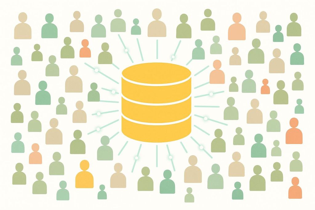 An abstract illustration depicting a large, multi-colored group of person icons surrounding a central gold cylindrical database icon. Light blue lines connect the database to many of the person icons, symbolizing data flow or connections.