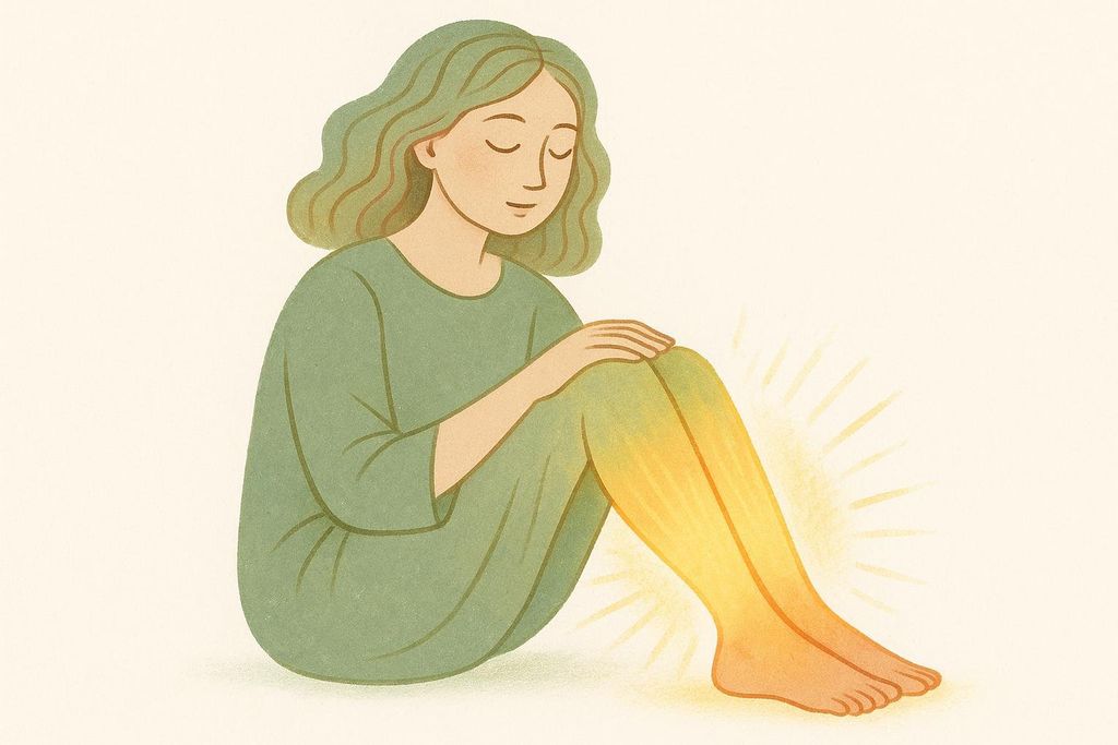 A stylized illustration of a female figure with green wavy hair and a green dress, sitting with her eyes closed, hands resting on her knees. Her legs are depicted with a warm yellow and orange glow, emanating rays of light.