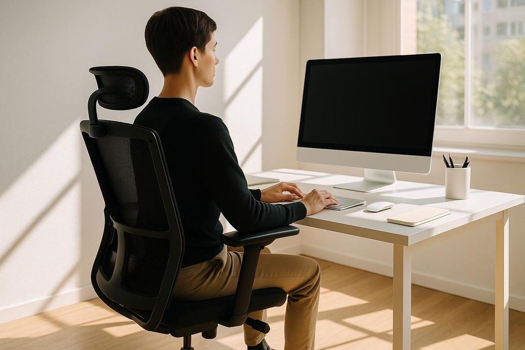 A person with short brown hair sits with excellent posture in an ergonomic office chair at a white desk, typing on a keyboard. A large computer monitor is in front of them, with a window and outdoor greenery visible in the background.