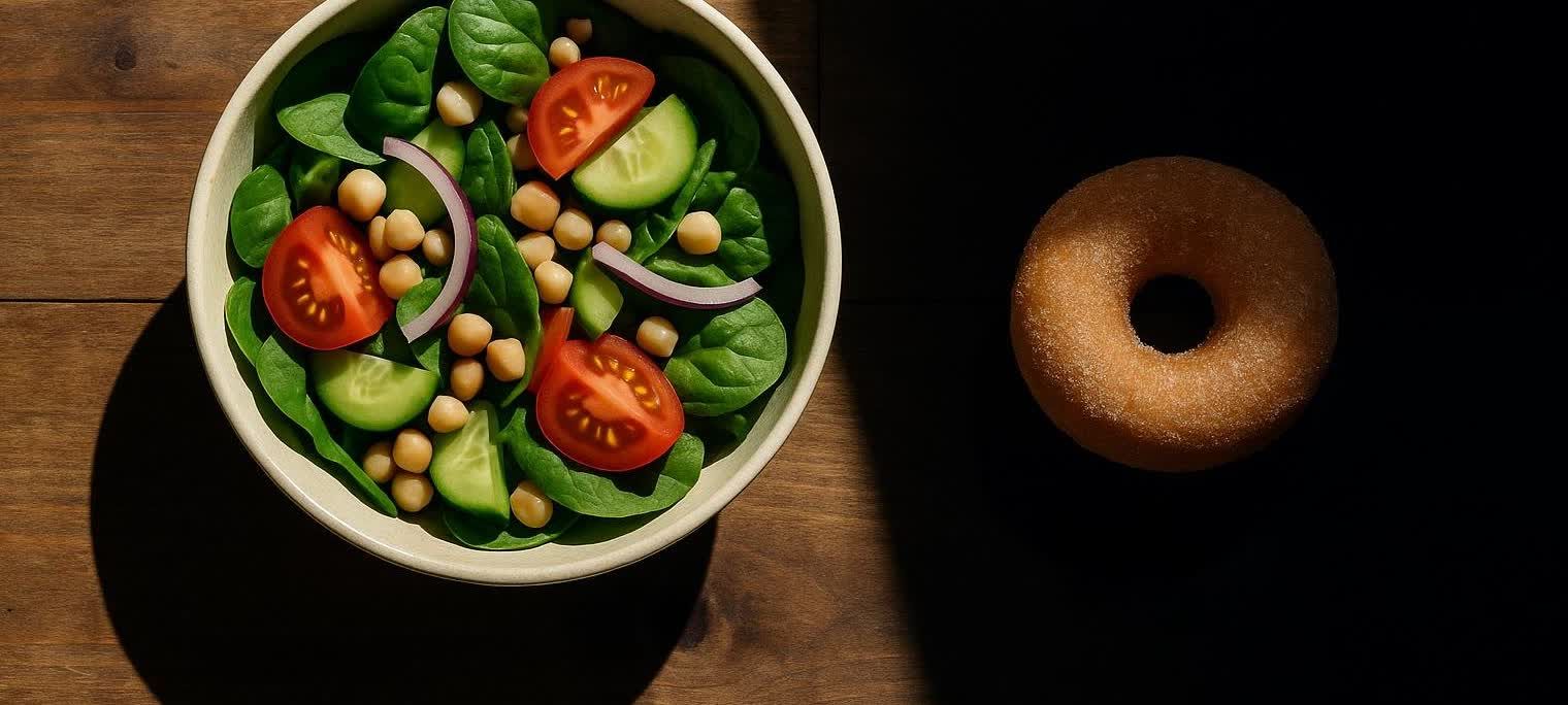 A vibrant green salad in a bowl sits on a wooden table, half illuminated by light. Next to it, a sugar-dusted donut is bathed mostly in shadow on a dark table, highlighting a contrast between healthy and unhealthy choices.