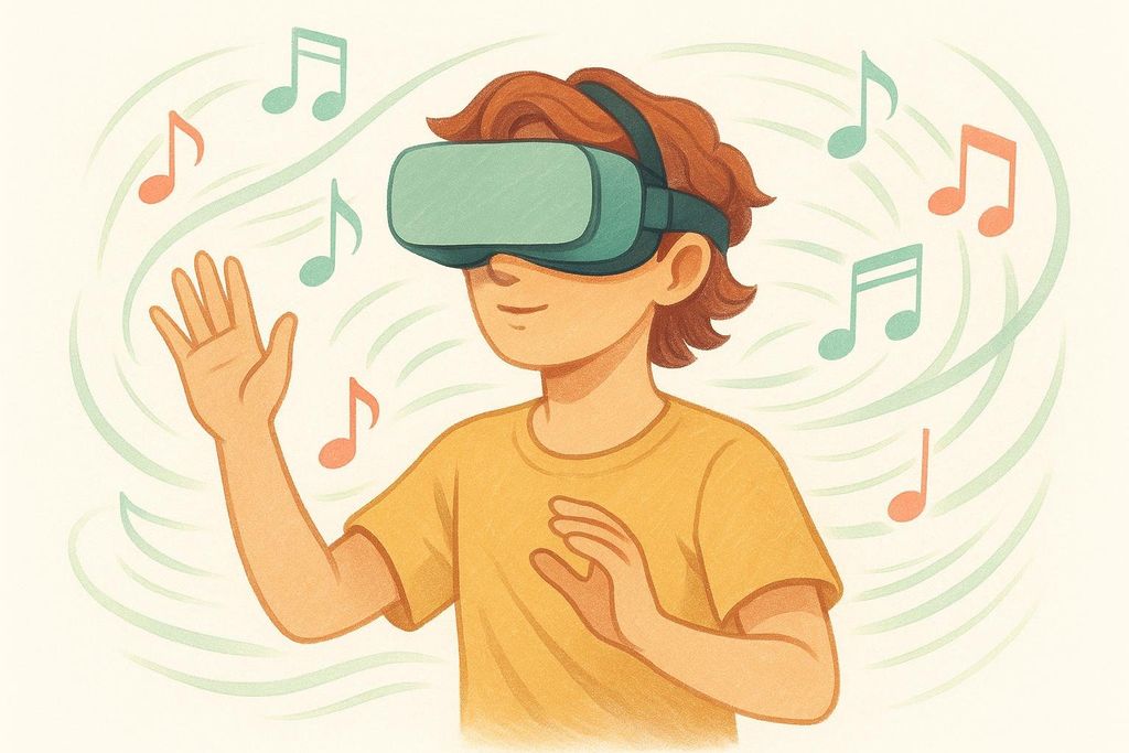 An illustration of a person wearing a VR headset, with musical notes and swirling lines around them, suggesting an immersive music or rhythm game experience.