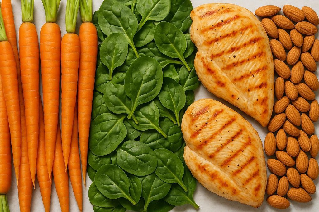An overhead shot of a healthy food arrangement, featuring a row of fresh carrots, a pile of green spinach leaves, two grilled chicken breasts, and a cluster of almonds, all neatly presented on a light background.