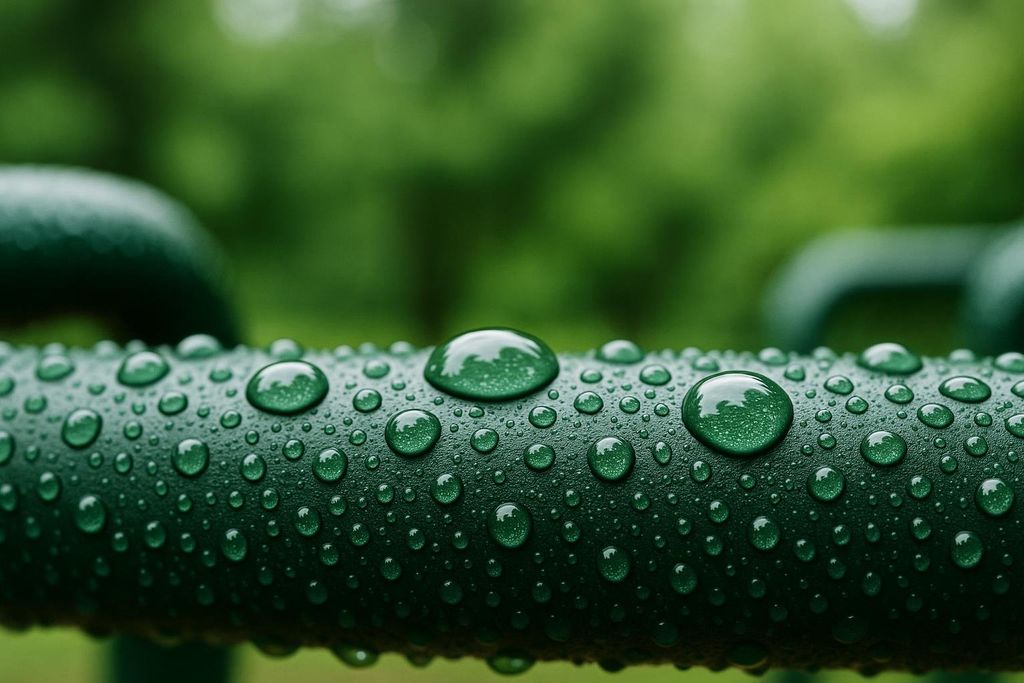 Close-up of water droplets beading up on a dark green, textured metal surface, with a soft, out-of-focus green background.