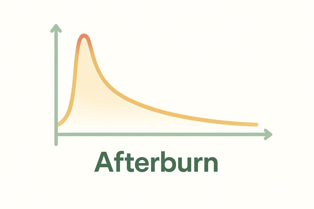 A graph showing a curve representing metabolic afterburn. The curve rises sharply to a peak and then gradually declines, indicating the metabolic effect continuing after high-intensity exercise. The word 'Afterburn' is written below the graph.