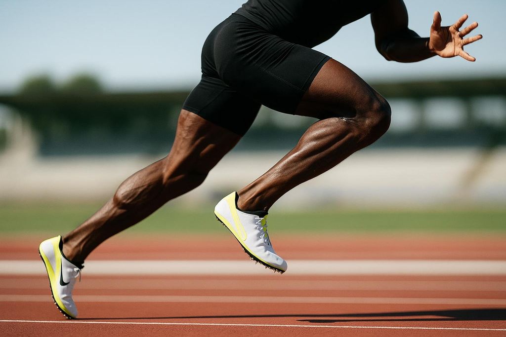Close-up of a sprinter's powerful legs and arm muscles in motion on a red athletic track. The runner is wearing black shorts and a black top, with white and neon yellow spiked running shoes. The background is a blurred green field and blue sky.