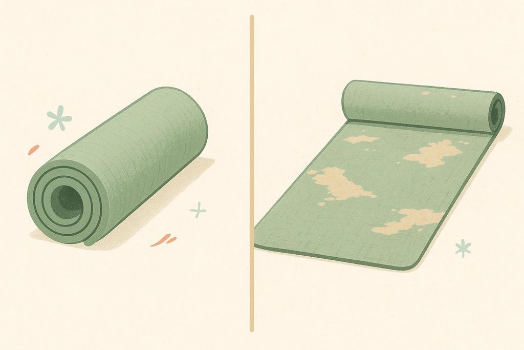 Illustration comparing a new, neatly rolled green yoga mat with sparkly details to a laid-out, worn green yoga mat with large beige patches of surface peeling, signifying it is time for replacement.