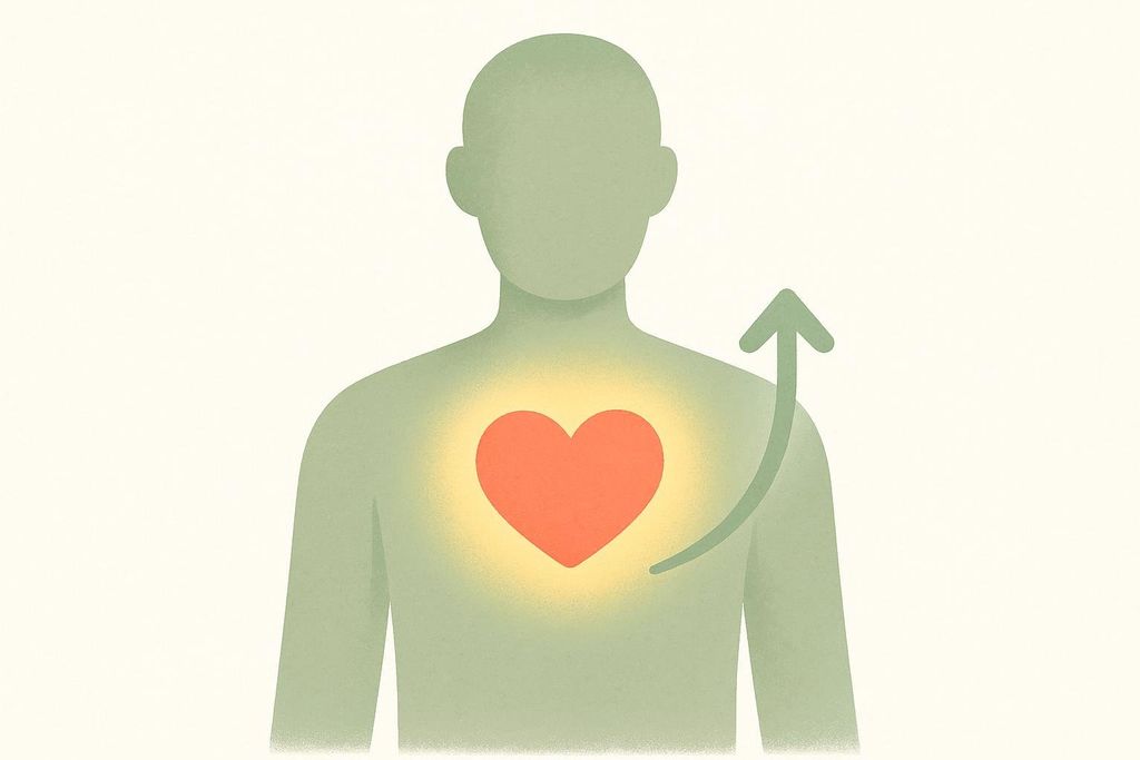 A human silhouette with a glowing red heart in the chest and an upward green arrow originating from the side, symbolizing improved health.