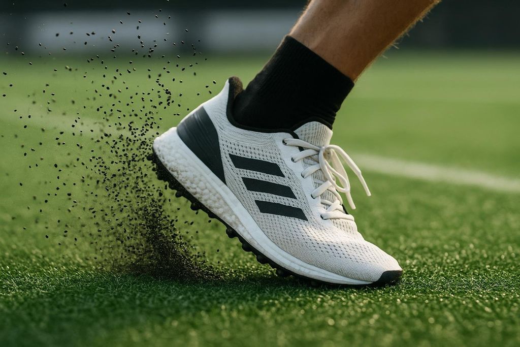 Running shoe firmly planting on turf, kicking up rubber pellets during a sharp turn