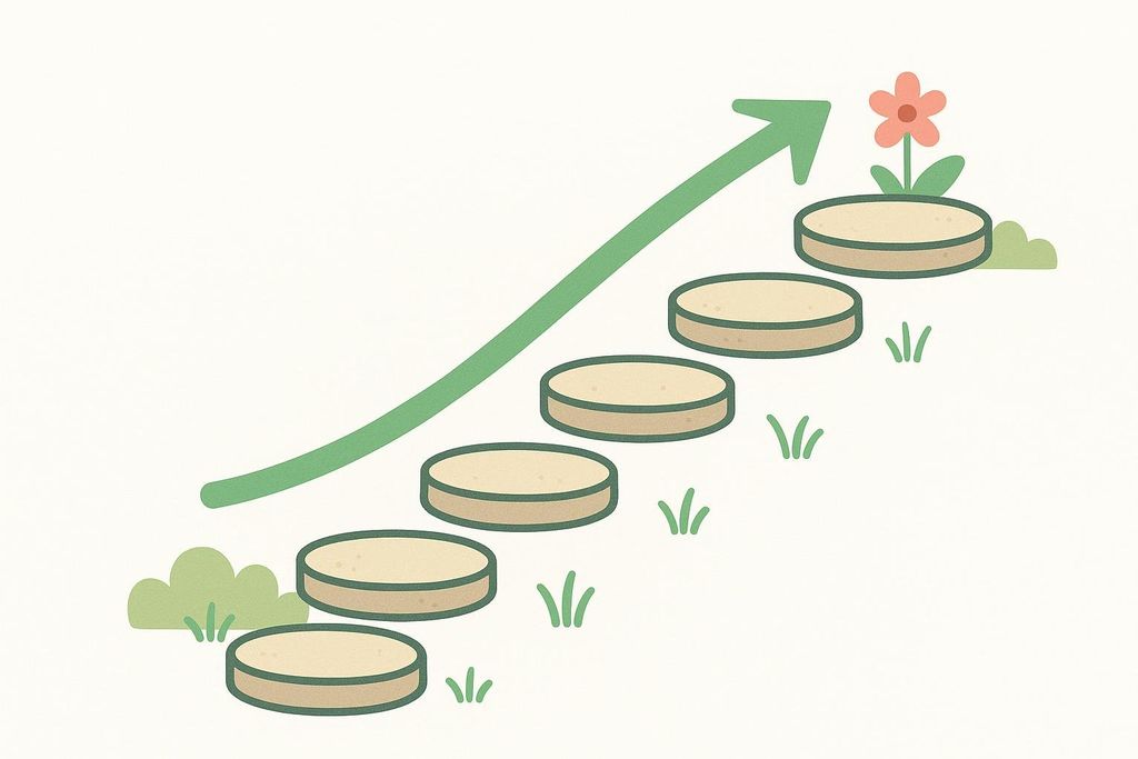 An illustration symbolizing a gradual dose titration schedule. It shows an upward path made of circular stepping stones, with a green arrow pointing up and to the right along the path. A small red flower blooms on the top-most stepping stone, surrounded by small green grass patches.