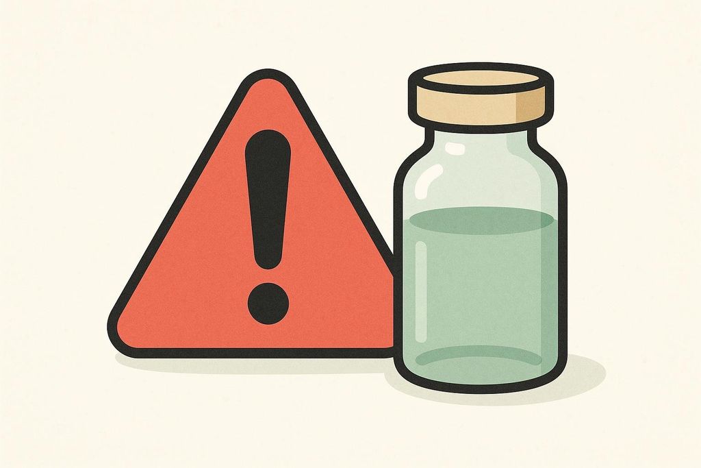 An illustration of a red triangular warning sign with an exclamation mark next to a vial of light green liquid.