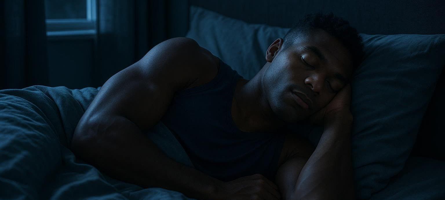 A man with dark skin, wearing a dark tank top, is sleeping soundly on his side in a dimly lit, cool-toned room. His eyes are closed, indicating deep rest, and his head is resting on a dark pillow. A window is visible in the soft background light. This image symbolizes restful sleep and recovery.