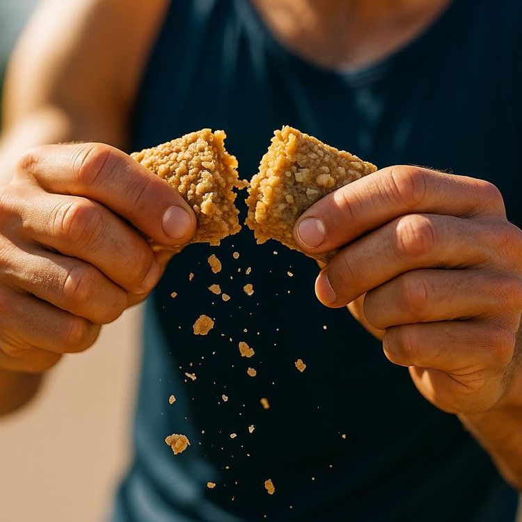 Close-up of hands breaking a crunchy energy bar in half, with crumbs falling below. The person is wearing a dark grey tank top.