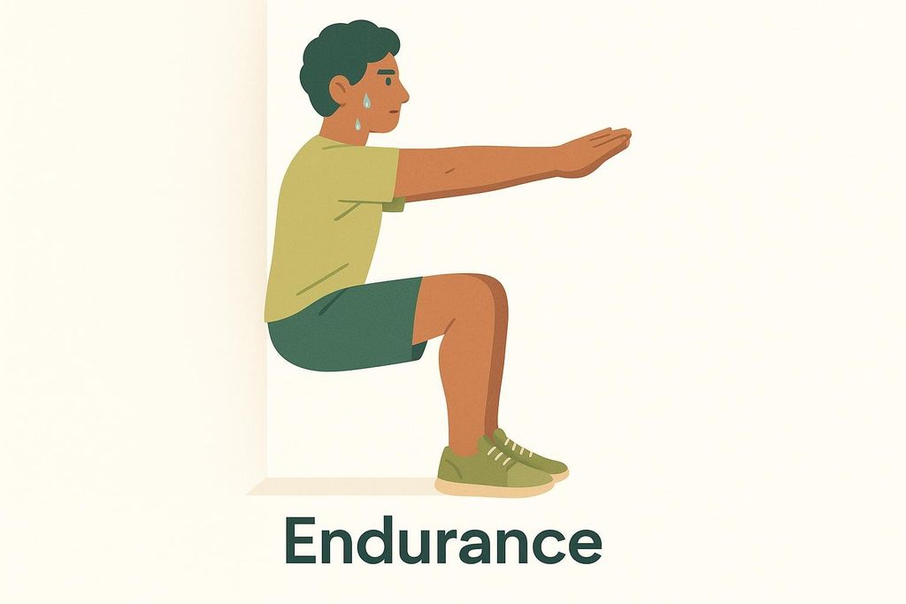 Illustration of a person doing a wall sit for muscular endurance. Sweats are visible on the person's face, indicating effort. The word 'Endurance' is written below the illustration.