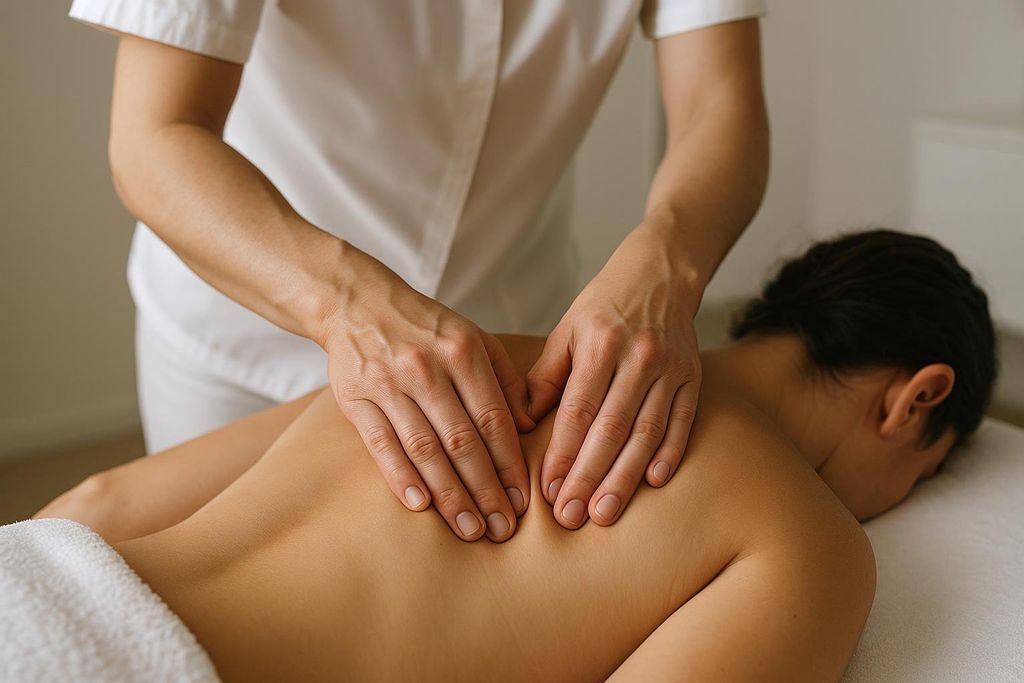 A massage therapist in a white uniform performing a back massage on a client lying face down on a white towel.