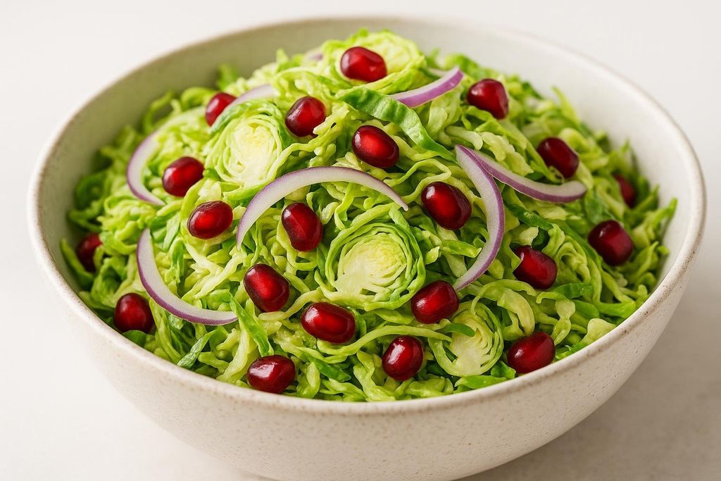 A close-up photograph of a vibrant shaved Brussels sprout salad in a speckled white bowl, garnished with bright red pomegranate seeds and thin slices of red onion.