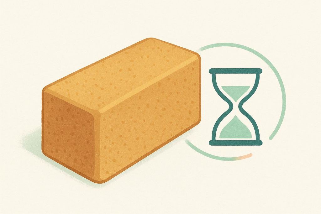 Illustration of a rectangular yoga block and an hourglass timer. The hourglass is encircled by a dashed line, suggesting a time-based activity.