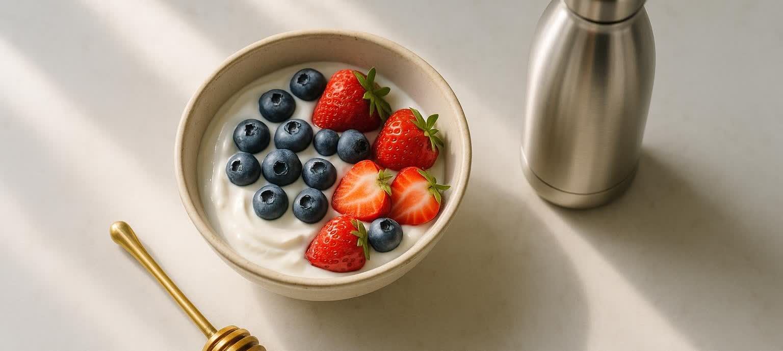A bowl of Greek yogurt topped with fresh berries and honey next to a water bottle on a kitchen counter.
