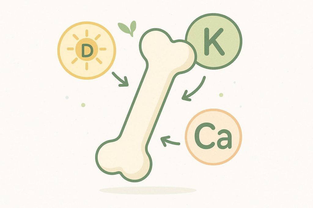 An illustration showing a bone surrounded by icons representing Vitamin D (a sun), Vitamin K, and Calcium (Ca), with arrows pointing to the bone, symbolizing their importance for bone health.