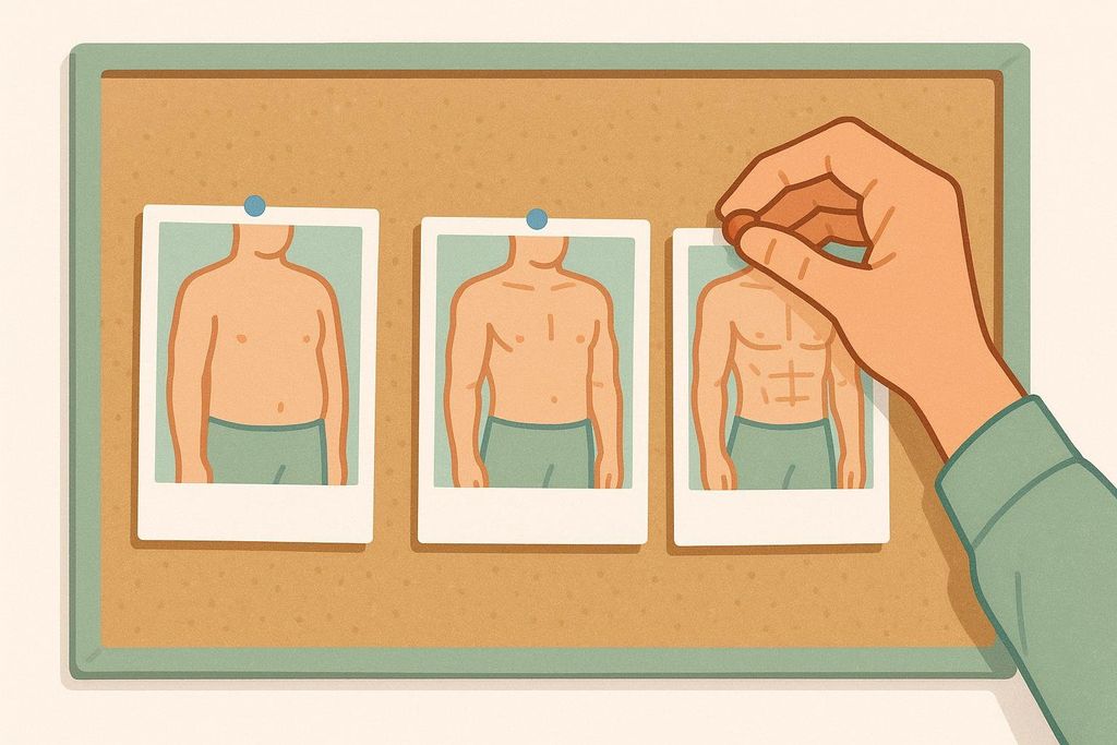 An illustration of progress photos being pinned to a board, symbolizing the importance of visual tracking over relying on a scale. Three photos show a torso from being overweight, to muscular, to an athletic build.