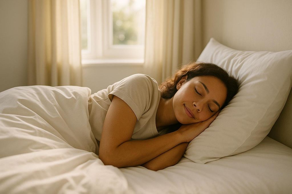 A woman with her eyes closed, smiling peacefully, and resting her head on a white pillow in a bright bedroom, suggesting deep and restful sleep.
