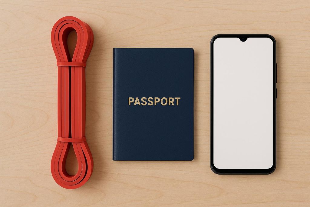 A flat lay showing a red coiled resistance band, a dark blue passport, and a smartphone with a blank screen, arranged on a light wooden surface. The image illustrates how easy it is to travel with compact workout equipment.
