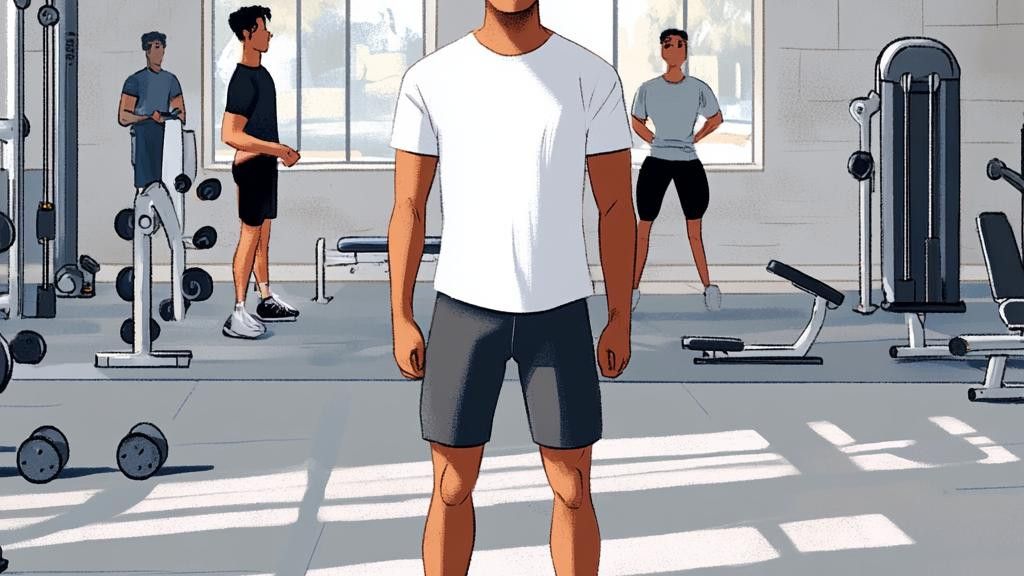 Illustration of several men working out and standing in a gym with various exercise equipment.