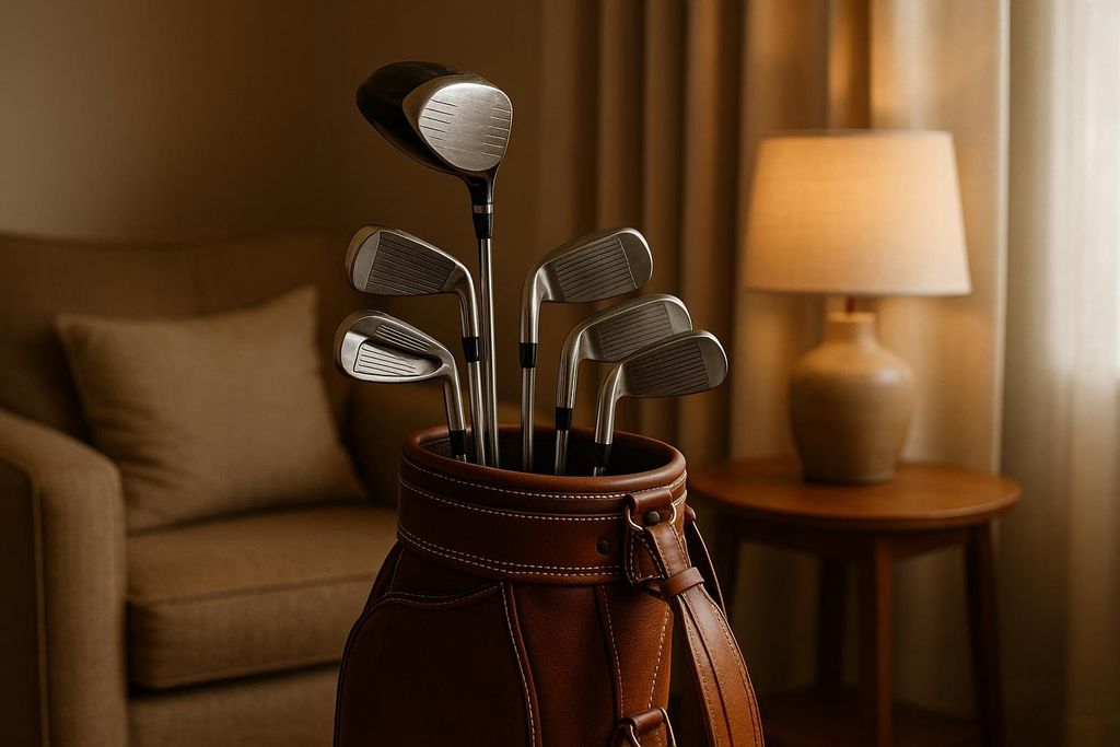A brown leather golf bag filled with golf clubs, including a driver and several irons, stands in a dimly lit room. A beige armchair and a side table with a lit lamp are visible in the soft-focus background.
