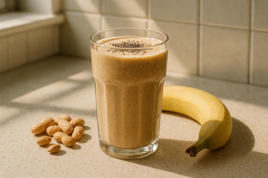 A creamy peanut butter and banana smoothie in a glass.