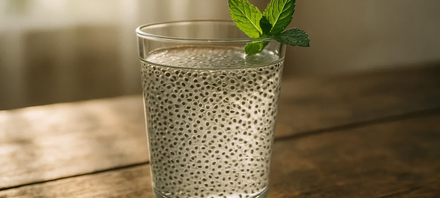 A refreshing glass of chia seed water with fresh mint on a wooden table.