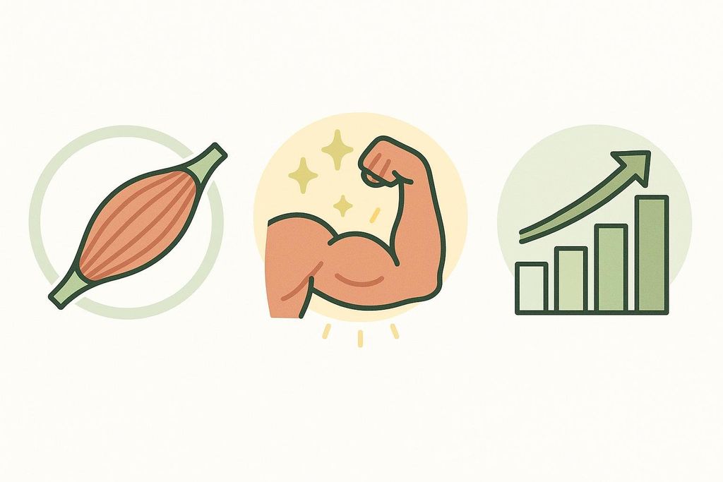 An infographic showing three circular icons. The first icon on the left depicts an anatomical muscle. The second icon in the middle shows a flexed bicep with sparkling stars, symbolizing strength. The third icon on the right displays a bar chart with an upward trend arrow, representing progressive growth. These icons collectively illustrate the three mechanisms of muscle growth: mechanical tension, metabolic stress, and progressive overload.