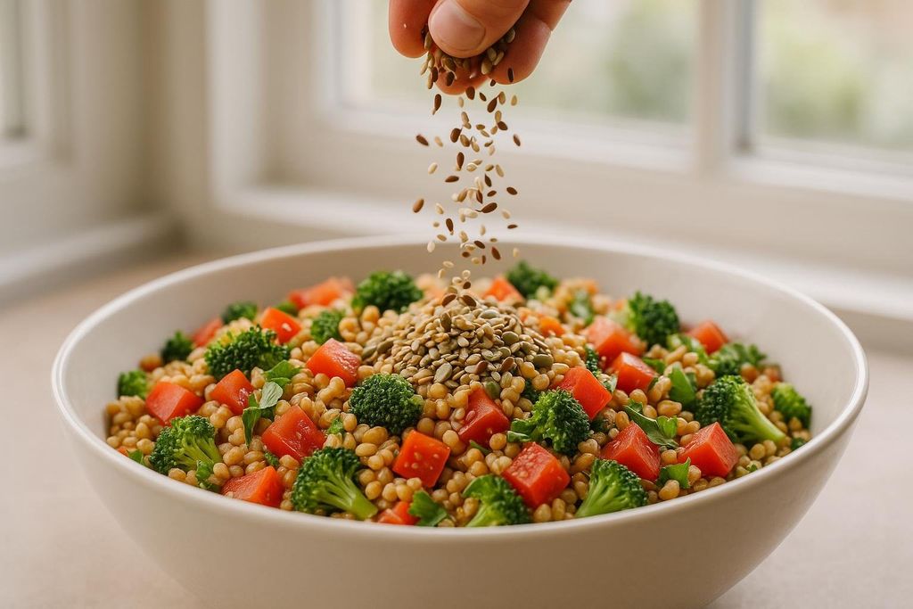 A hand sprinkles a mix of flax seeds and sesame seeds over a fresh grain salad in a white bowl. The salad contains small, light brown grains, chunks of red bell pepper, and green broccoli florets.