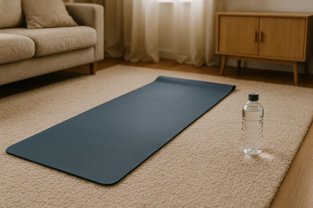 A simple home workout setup featuring a dark blue yoga mat on a beige carpet and a clear water bottle next to it. A light-colored couch and a wooden cabinet are visible in the background.