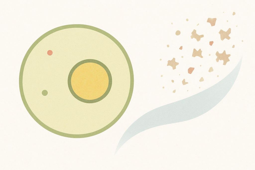An abstract illustration of autophagy, depicting a light green cell with a yellow nucleus and two small reddish dots, and to its right, brownish, irregularly shaped particles being swept away by a light blue, wavy gradient. This represents a cell cleaning out damaged components, a key benefit of the FMD.
