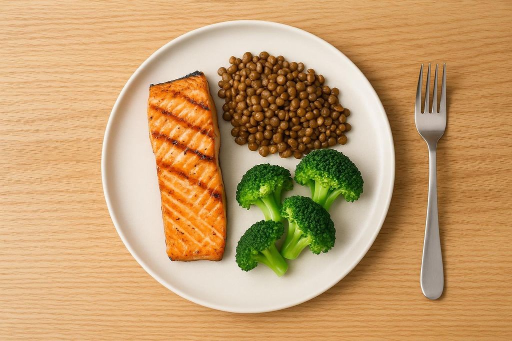A white plate with a grilled salmon fillet, a mound of brown lentils, and several florets of green broccoli, alongside a silver fork on a light wooden table.