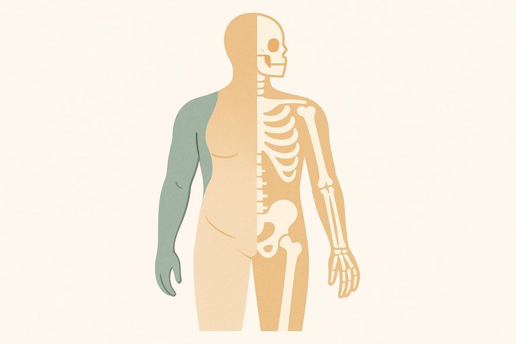 Abstract illustration of human body composition showing muscle and bone.