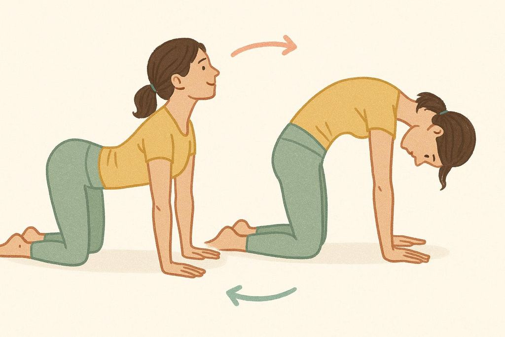 Illustration demonstrating the Cat and Cow poses for mobilizing the spine. On the left, a person is in the Cow pose, arching their back downwards and looking up. On the right, the same person is in the Cat pose, arching their back upwards and looking down.