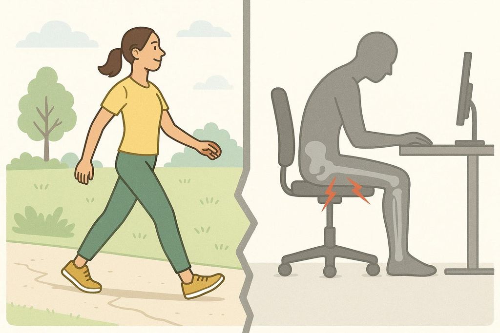 An illustration contrasting an active person with good posture against a sedentary person with tight hips and weak glutes, showing the effects of sitting.
