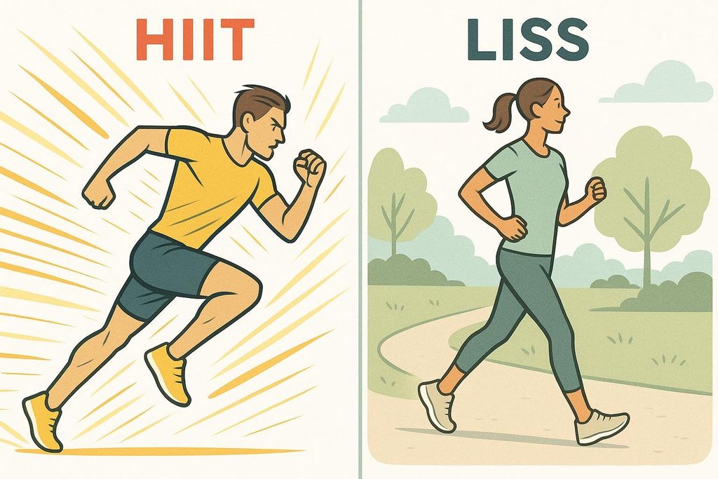 A stylized image comparing HIIT and LISS. On the left, a male runner sprints intensely with radiating lines, labeled 'HIIT'. On the right, a female runner jogs calmly along a path with trees, labeled 'LISS'.