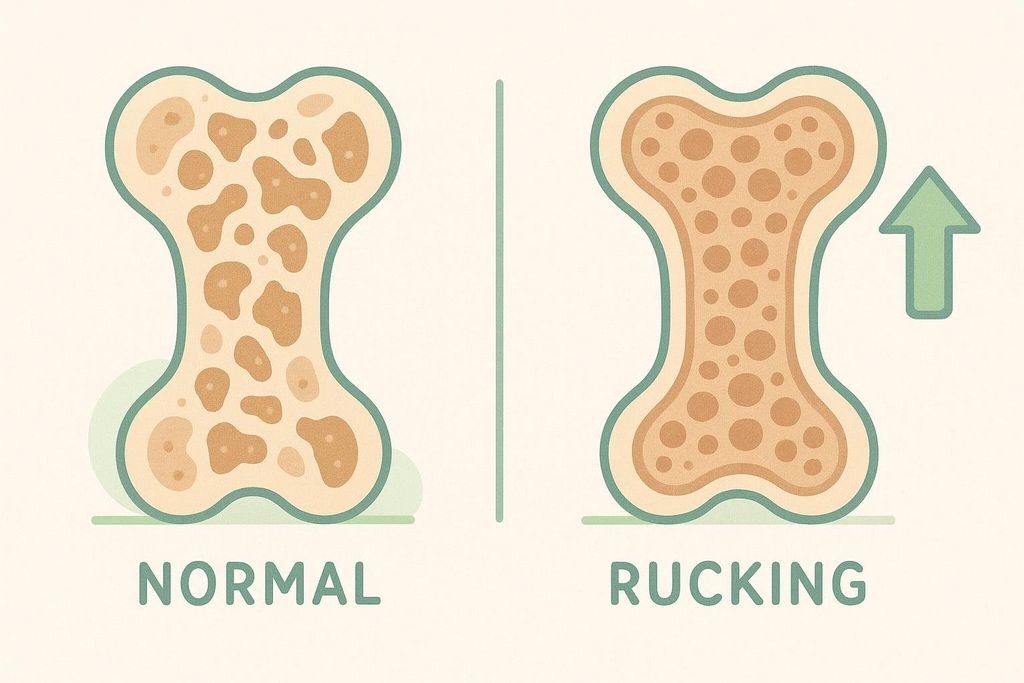 Illustration comparing normal bone density with increased bone density achieved through rucking, showing a visual representation of stronger bone structure.