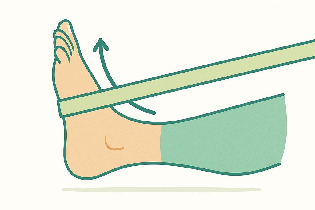 An illustration showing a foot performing band-resisted dorsiflexion. A light green resistance band is wrapped around the top of the foot and pulled away from the body. An arrow indicates the upward movement of the toes as the foot dorsiflexes against the band's resistance.