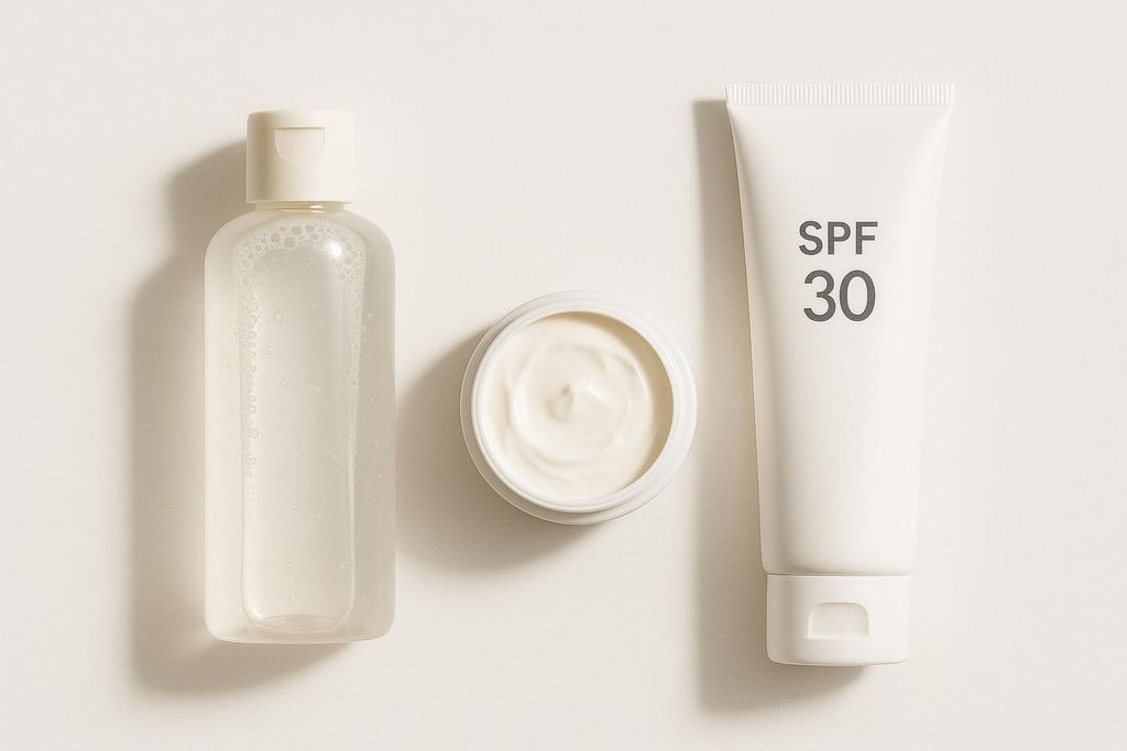 A simple flat lay of three essential skincare products: a clear bottle of cleanser, an open jar of moisturizer, and a tube of SPF 30 sunscreen. All products are in light, neutral-colored packaging.
