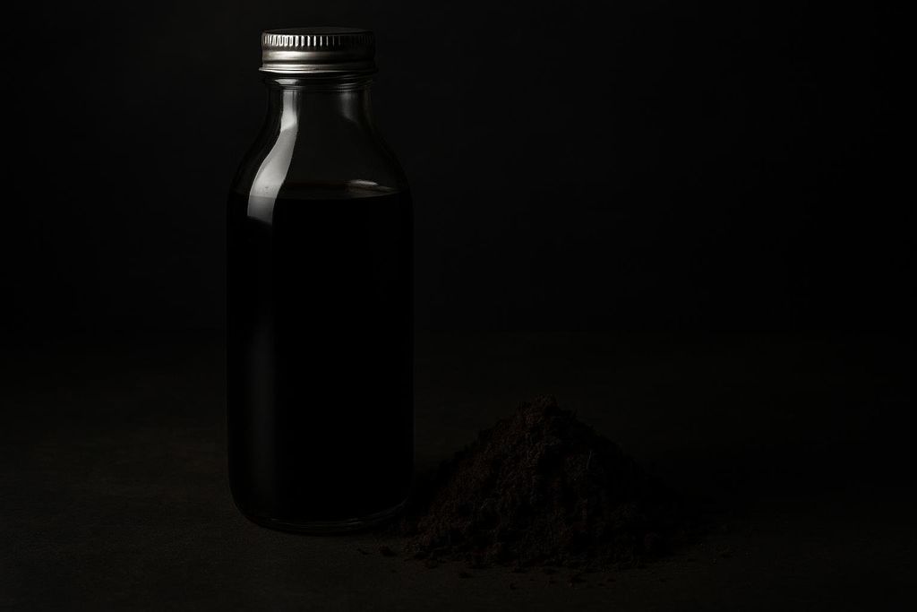 A bottle of opaque black water next to soil