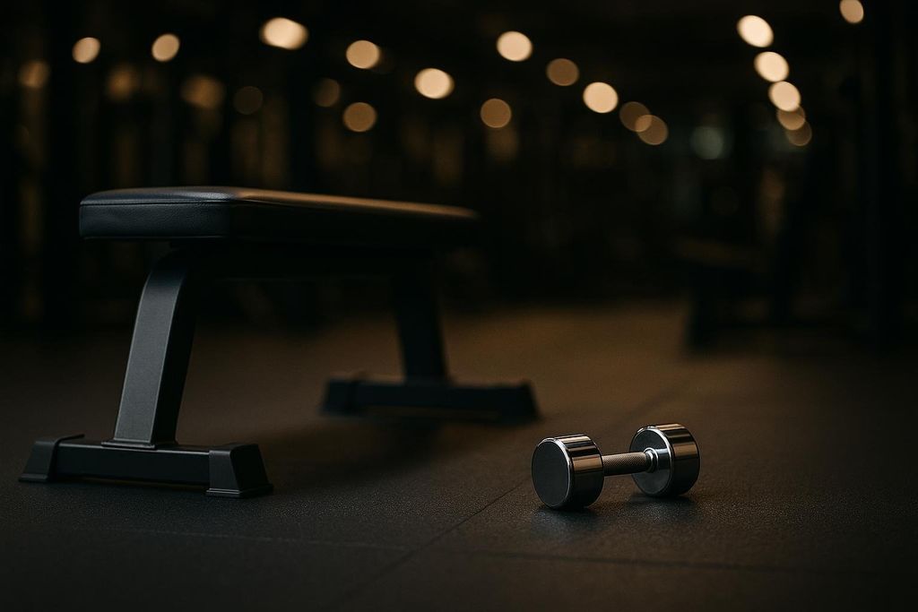 Single dumbbell resting on the floor in a bright gym setting
