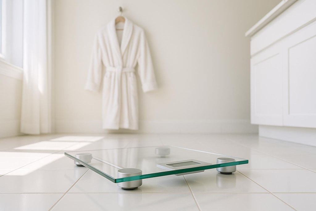 Bathroom scene with a white robe and digital scale implying a morning routine.