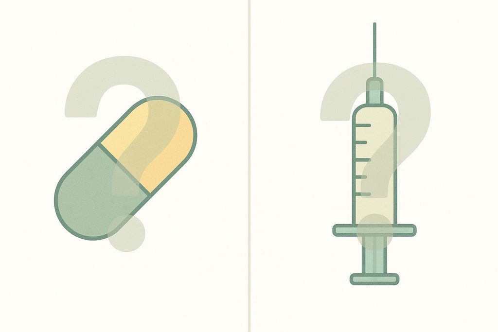 Icons of a pill and a syringe, each covered by a question mark, to show the uncertainty around oral vs. injectable BPC-157.